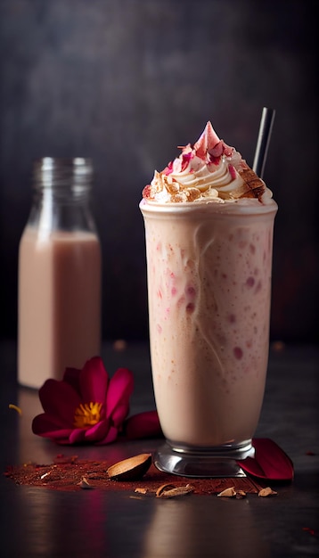 Ice rose latte en verre avec des fleurs roses et des pétales sur fond blanc ou gris généré par ai