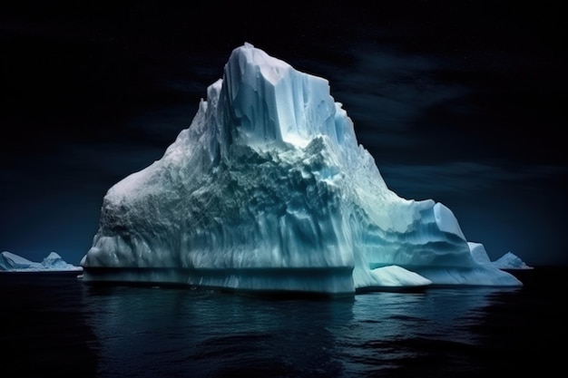 Iceberg antarctique massif flottant dans l'eau froide calme sur fond de ciel nocturne