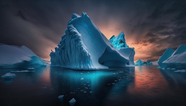 Iceberg arctique au coucher du soleil paysage atmosphérique de l'heure bleue créé avec l'IA générative