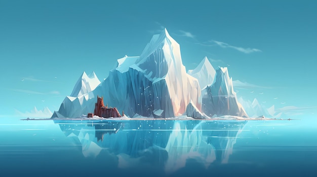 Un iceberg bleu surmonté d'une maison rouge.