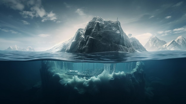 Un iceberg est sous l'eau et l'eau est recouverte de glace.