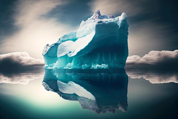 Un iceberg flottant géant s'élevant jusqu'aux nuages se reflète dans la surface calme de l'océan