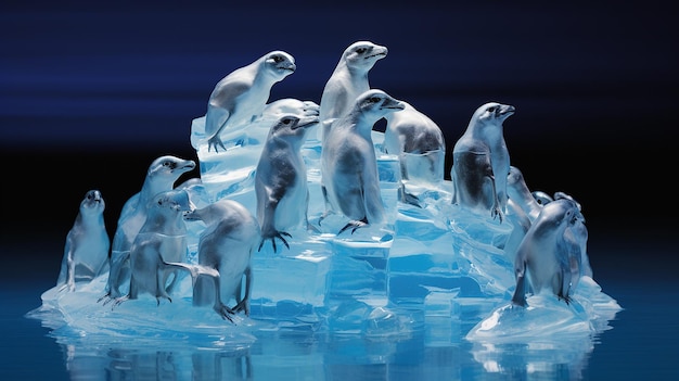 Un iceberg hyperréaliste avec de la glace bleue brillante et des pingouins