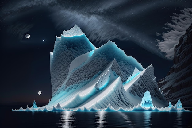Un iceberg avec une lune et des étoiles en arrière-plan
