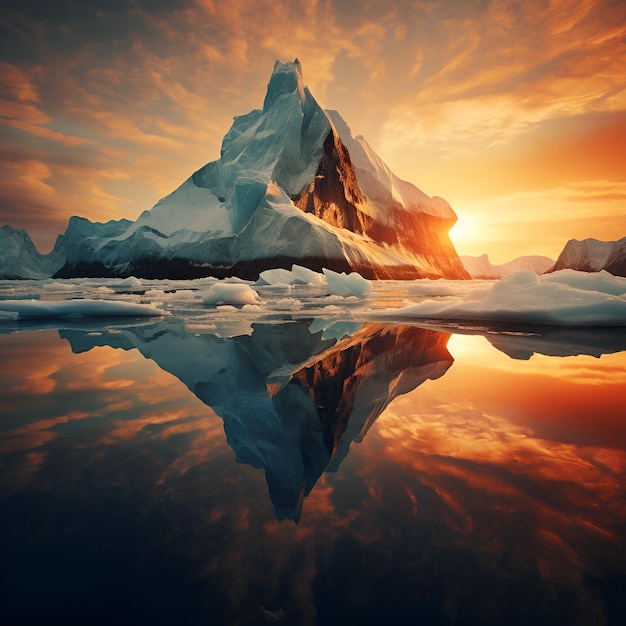 iceberg sous un ciel coloré fantastique pendant le coucher du soleil à l'image IA générative de l'Arctique