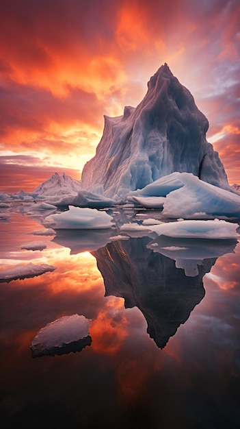 Un iceberg surréaliste au lever du soleil, une réflexion de glace brisée, un paysage de glace islandais.