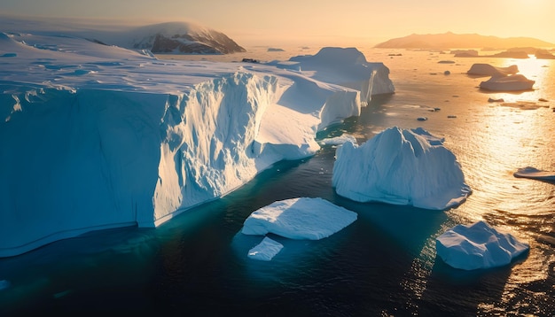 Icebergs au Groenland dans la douce lumière du coucher du soleil, vue de dessus