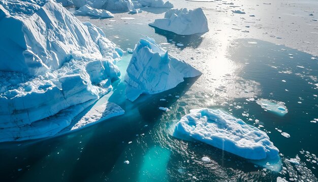 Icebergs au Groenland dans la douce lumière du jour, vue de dessus