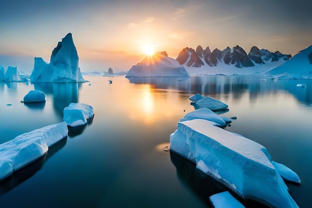 Icebergs dans l'eau avec des icebergs en arrière-plan