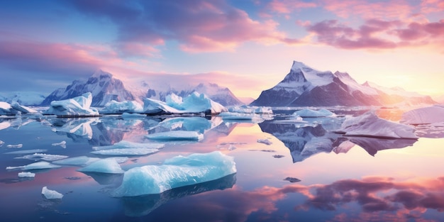 Photo icebergs dans l'eau avec des montagnes en arrière-plan