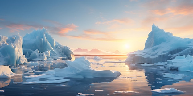 Des icebergs flottant sur l'eau au coucher du soleil.