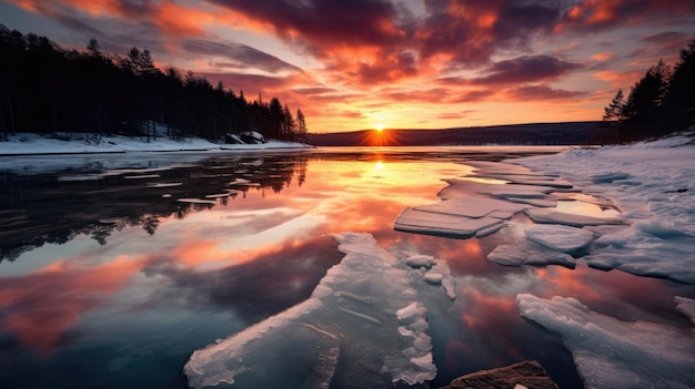 icebergs sur un lac avec un coucher de soleil en arrière-plan.