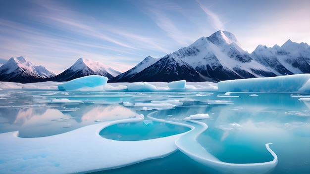 icebergs sur un lac avec des montagnes en arrière-plan