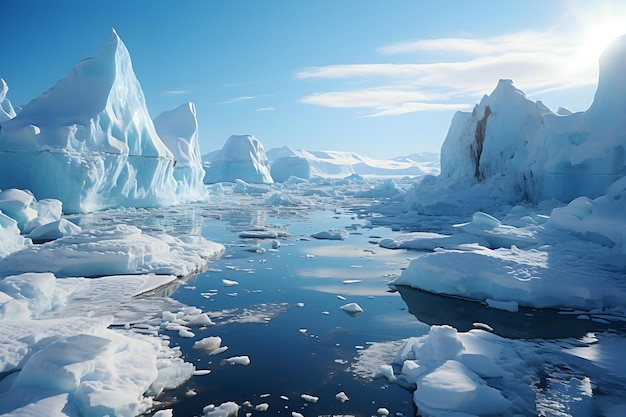 Des icebergs et des rochers couverts de neige contre la mer