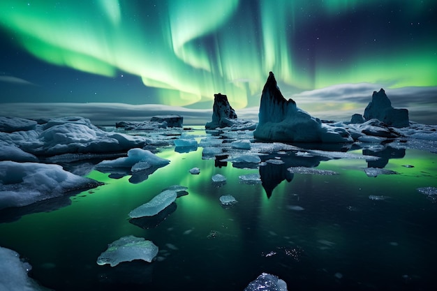 Des icebergs spectaculaires flottant dans les eaux glacées sous la lueur des aurores boréales.