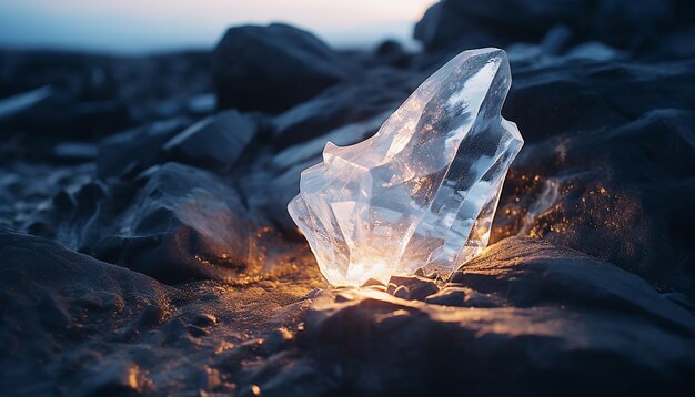 Icernunnos gelés dans un bloc d'éclats de cristaux de glace rétroéclairés
