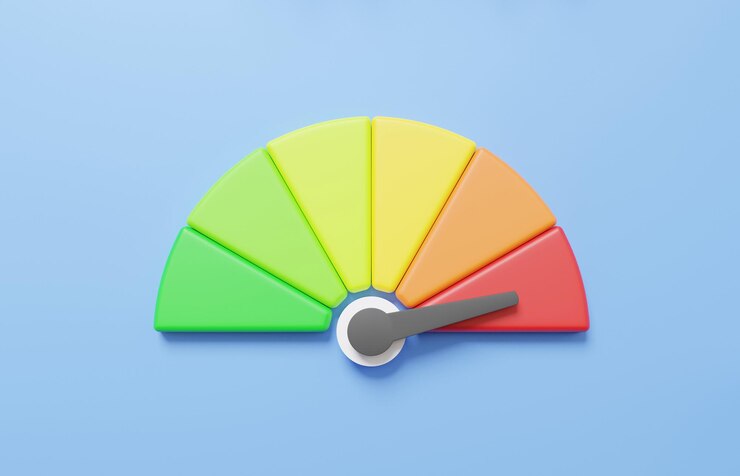 Icon de compteur de vitesse dessin animé échelle de point de flèche minimale vitesse faible statut puissance rouge notation du pointeur de performance niveaux de risque qualité compteur de temps sur fond bleu pastel illustration de rendu 3D