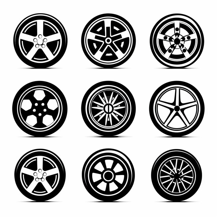 Photo icon de roue de voiture silhouettes de pneus symbole de jante roues de voiture signe de pneu de voiture pictogrammes minimaux
