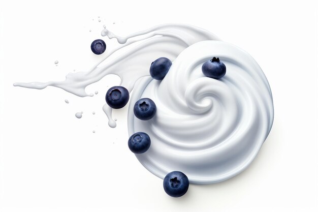 Photo icône 3d d'un bleuet frais tombant dans un tourbillon de crème