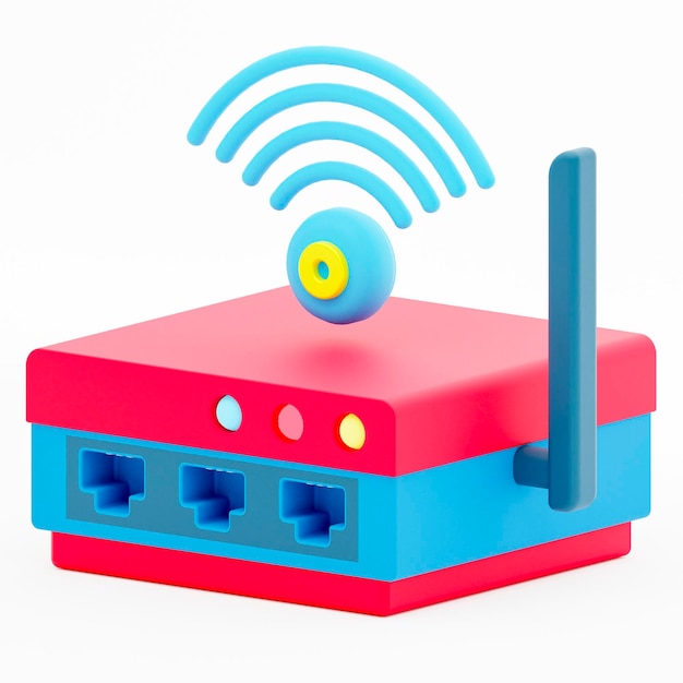 Icône 3D du périphérique de routeur sur le réseau informatique représentée par le routeur et le signal sans fil