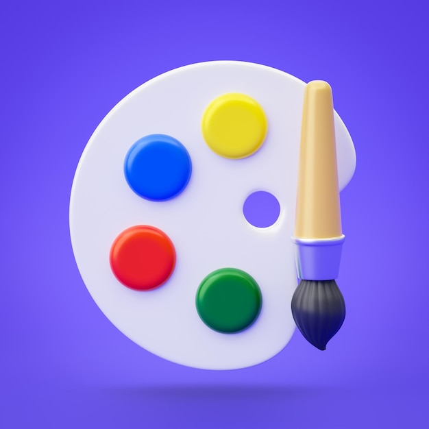Icône 3d de pinceau de palette de couleurs isolée sur fond créatif d'illustration avec concept de design d'art d'outil de peintre aquarelle coloré ou échantillon d'échantillon de pinceau de dessin et objet graphique arc-en-ciel