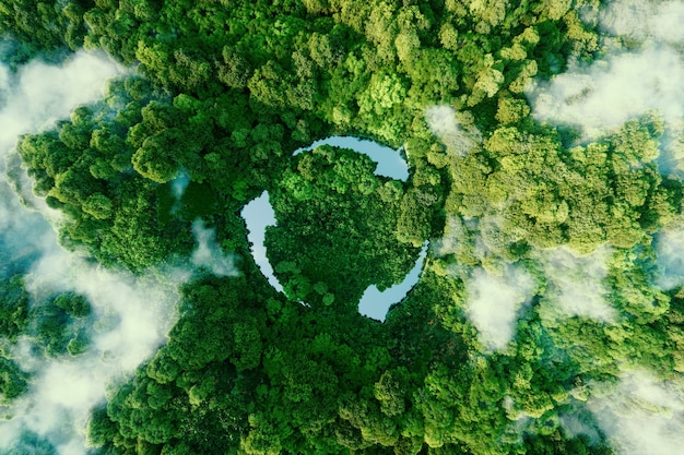 Photo icône abstraite représentant l'appel écologique au recyclage et à la réutilisation sous la forme d'un étang avec un symbole de recyclage au milieu d'une belle jungle intacte. rendu 3d.