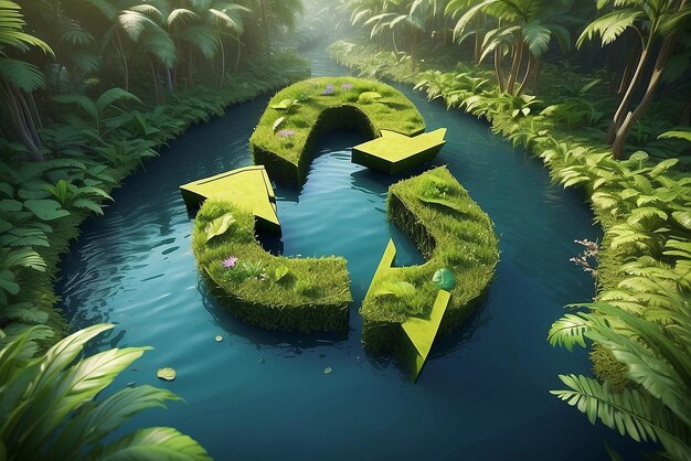 Photo icône abstraite représentant l'appel écologique au recyclage et à la réutilisation sous la forme d'un étang avec un symbole de recycle au milieu d'une belle jungle intacte.