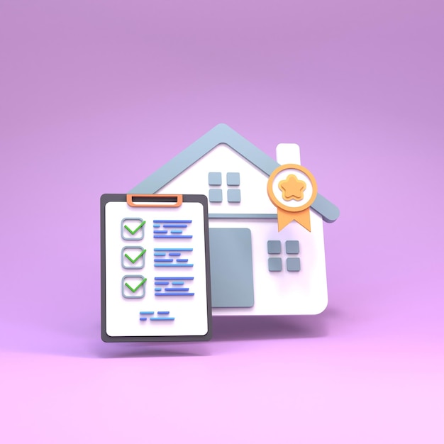 Icône d'accueil et liste de contrôle Le concept de vérification ou de pesée des arguments concernant le rendu immobilier 3d