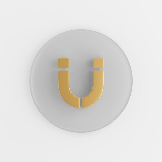 Icône d'aimant fer à cheval doré dans un style plat. Touche de bouton rond gris de rendu 3D, élément d'interface ui ux.