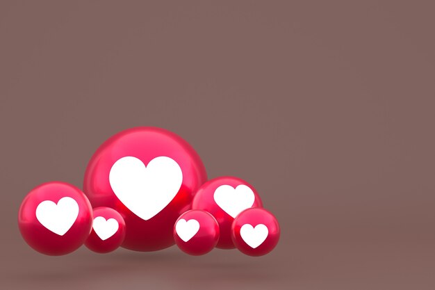 Icône d'amour Facebook réactions emoji rendu 3d, symbole de ballon de médias sociaux sur fond marron