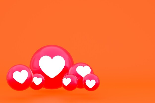 Icône d'amour Facebook réactions emoji rendu 3d, symbole de ballon de médias sociaux sur fond orange