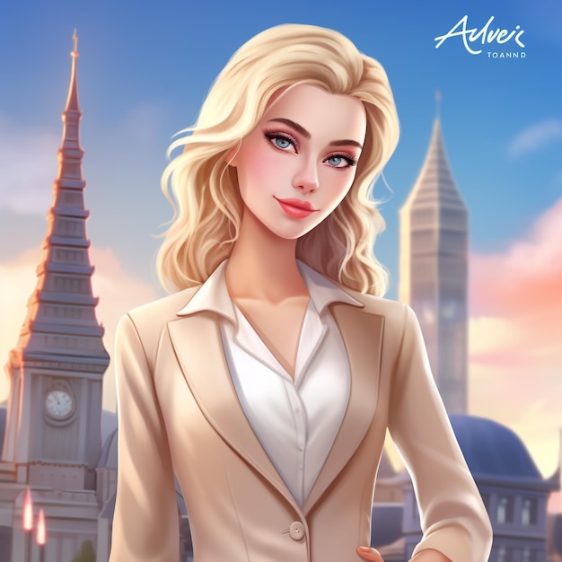 Une icône d'application de jeu mobile New Life avec une femme blonde britannique avec générer Ai