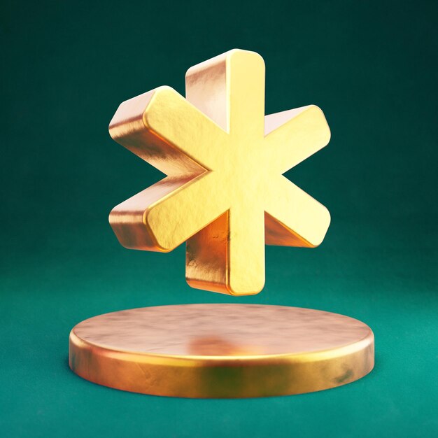 Icône astérisque. Symbole d'astérisque d'or de Fortuna avec le fond vert de marée. Icône de médias sociaux en rendu 3D.