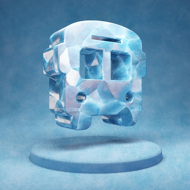 Icône d'autobus scolaire. Symbole de l'autobus scolaire de glace bleu fissuré sur le podium de la neige bleue. Icône de médias sociaux pour site Web, présentation, élément de modèle de conception. rendu 3D.