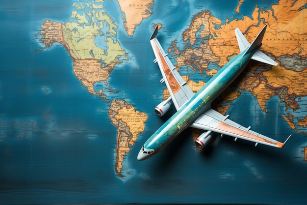 Une icône d'avion sur une carte est située sur un fond en bois bleu rustique