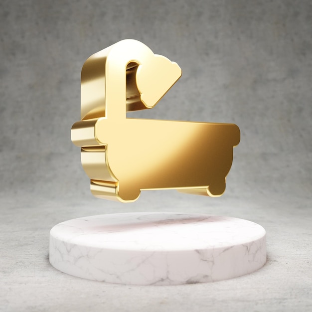 Icône de bain. Symbole de bain brillant doré sur podium en marbre blanc. Icône moderne pour site Web, médias sociaux, présentation, élément de modèle de conception. rendu 3D.