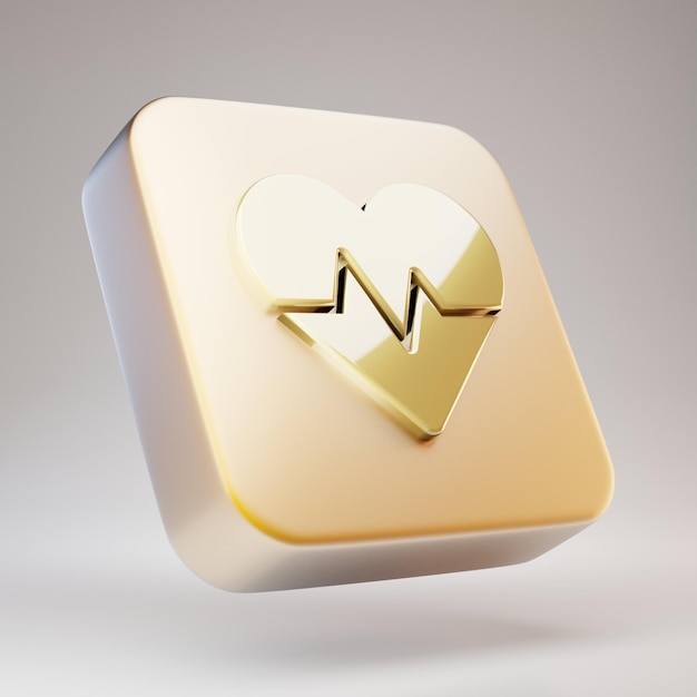 Icône de battement de coeur. Symbole de battement de coeur d'or sur la plaque d'or mat. Icône de médias sociaux en rendu 3D.