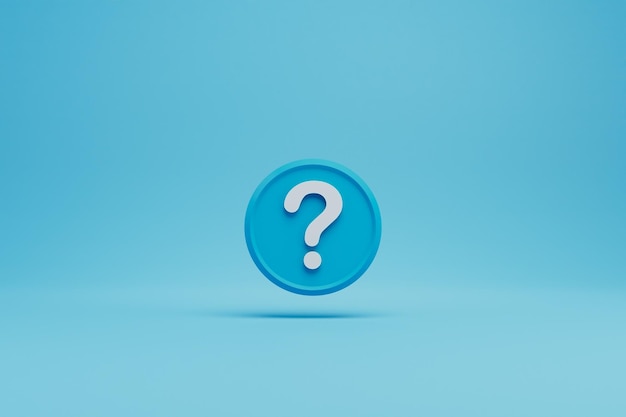 Une icône bleue ronde avec un point d'interrogation blanc sur un rendu 3D de fond bleu