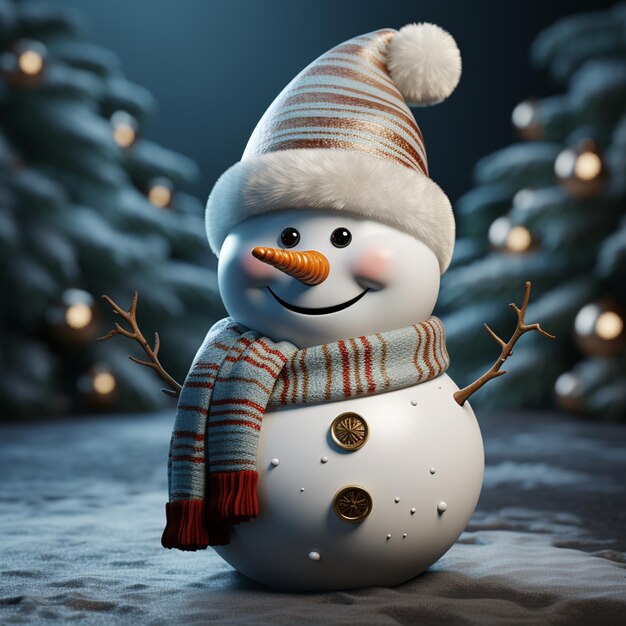 Icône de bonhomme de neige portant un chapeau de Noël isolé illustration de rendu 3D