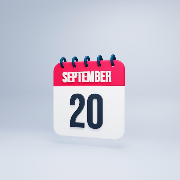 Icône Calendrier Réaliste Septembre 3D Rendu 20 Septembre