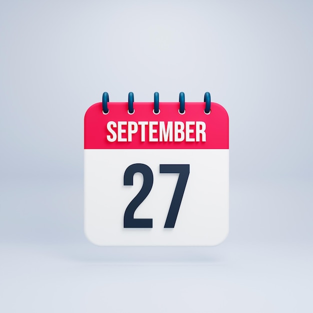 Icône de calendrier réaliste de septembre rendu 3D 27 septembre