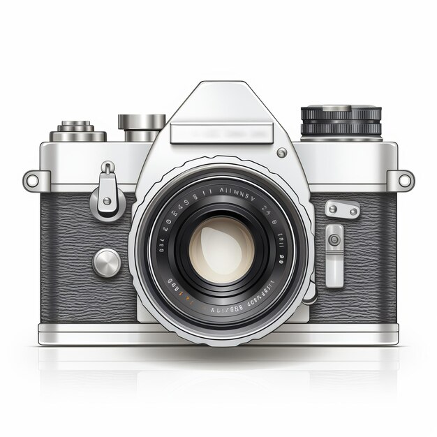 Photo icône de caméra argentée et blanche vintage hyperréalisme détaillé dans le style fibrepunk