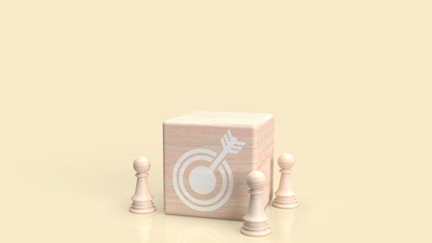 L'icône cible sur le cube en bois pour le rendu 3d abstrait ou de concept d'entreprise
