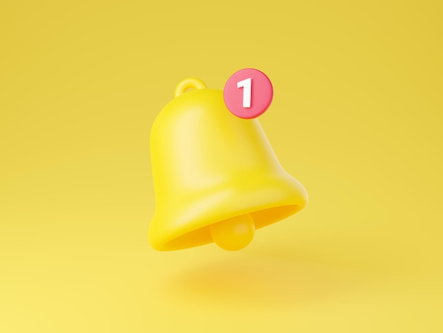 Icône de cloche de notification rendu 3d illustration de dessin animé mignon de cloche jaune simple avec le numéro un