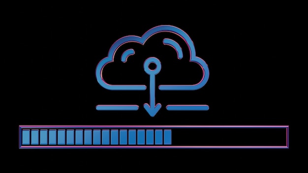 Icône de cloud computing au néon avec barre de chargement sur fond noir
