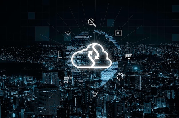 Icône de cloud computing avec monde virtuel et icône de la technologie sur le paysage urbain pour la technologie cloud qui transfère les informations de données et télécharge l'application de téléchargement Concept de transformation technologique