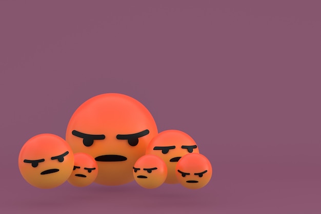 Icône en colère facebook réactions emoji rendu 3d, symbole de ballon de médias sociaux sur fond marron