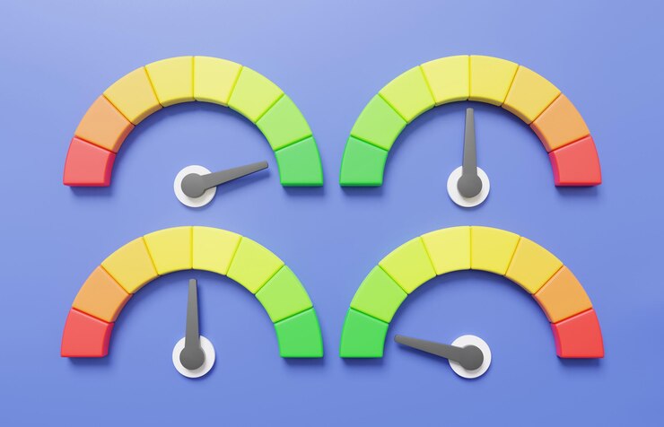 Icône de compteur de vitesse d'affichage de jeu 3D couleur rouge et verte avec échelle de flèche état de vitesse pointeur de performance notation niveaux de risque compteur sur fond violet illustration de rendu 3d