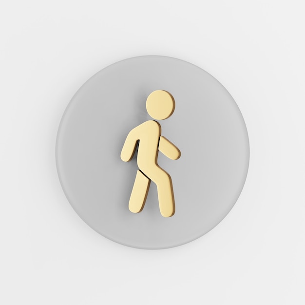 Icône de contour plat homme marche or. Rendu 3D bouton clé gris rond, élément d'interface ui ux.