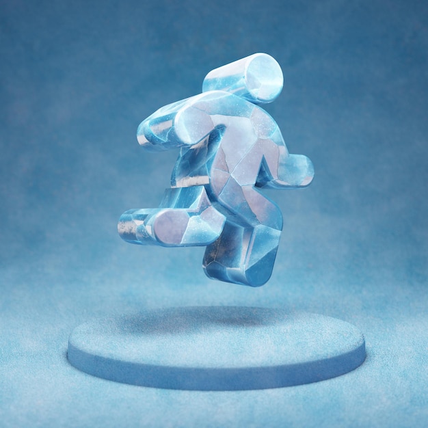 Icône en cours d'exécution. Symbole de course sur glace bleu craquelé sur le podium de la neige bleue. Icône de médias sociaux pour site Web, présentation, élément de modèle de conception. rendu 3D.